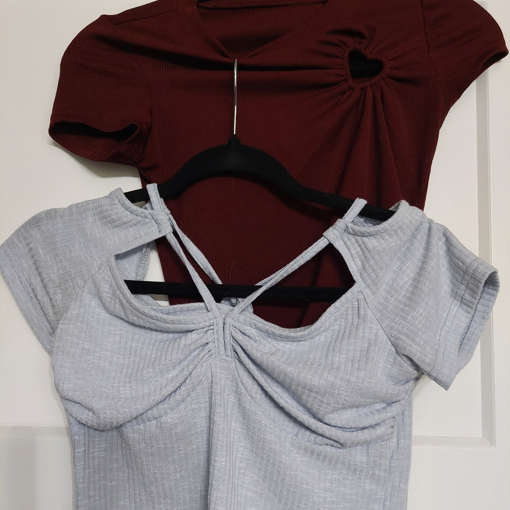 Women's Size 4 Crop Top Bundle Burgundy Heart Cut-out Light Blue Strappy Tie